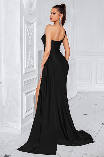 One Shoulder Ruched Black Formal Dress with Slit